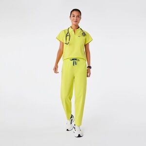FIGS Serving Lime Scrubs Casma Three-Pocket Top, High Waisted Barrel Leg Pants